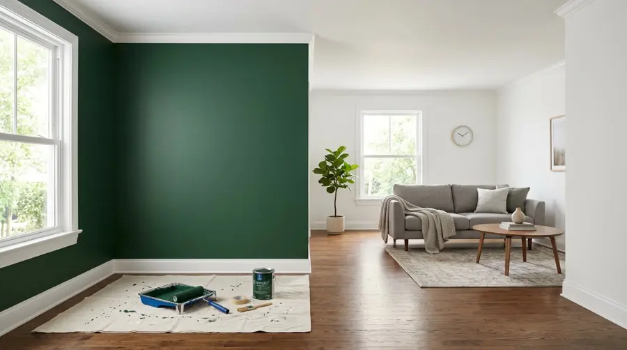Freshly painted living room with green accent wall